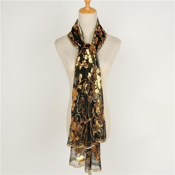 Glittering Scarf Mesh Sequin for Wedding Black Gold - Picture 4 of 7